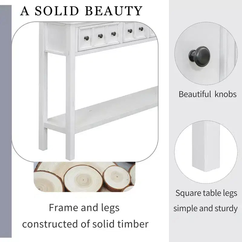60" Rustic Console Table with 4 Drawers and Bottom Shelf, White
