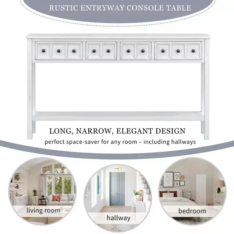 60" Rustic Console Table with 4 Drawers and Bottom Shelf, White