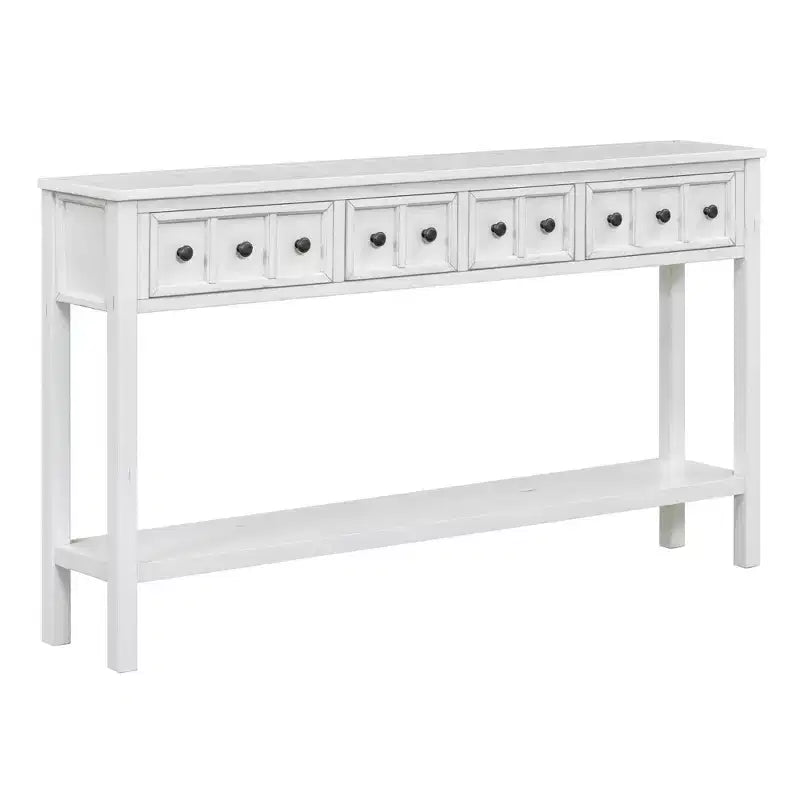 60" Rustic Console Table with 4 Drawers and Bottom Shelf, White