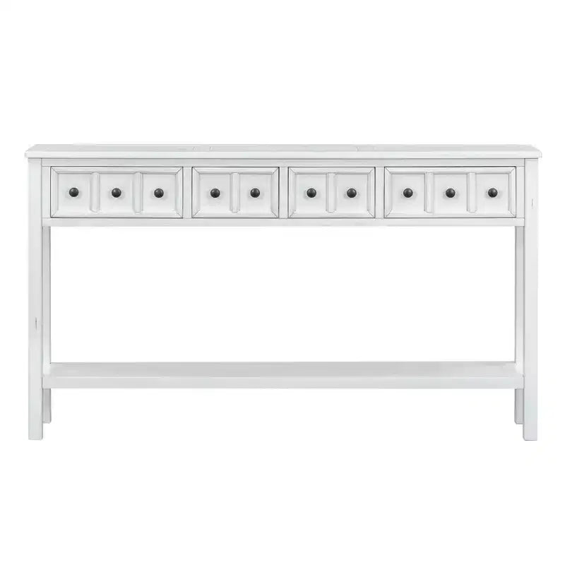 60" Rustic Console Table with 4 Drawers and Bottom Shelf, White