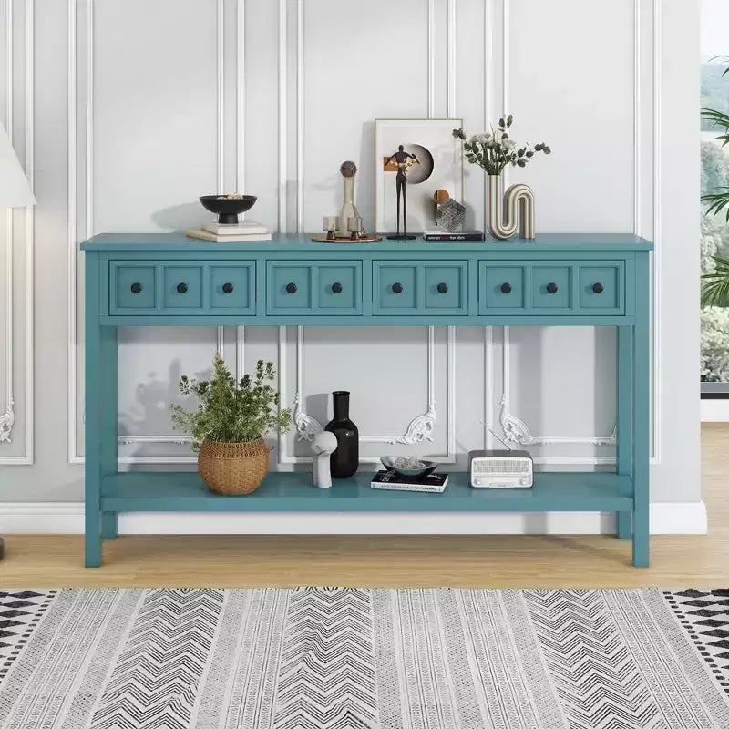 60" Rustic Console Table with 4 Drawers and Bottom Shelf, White