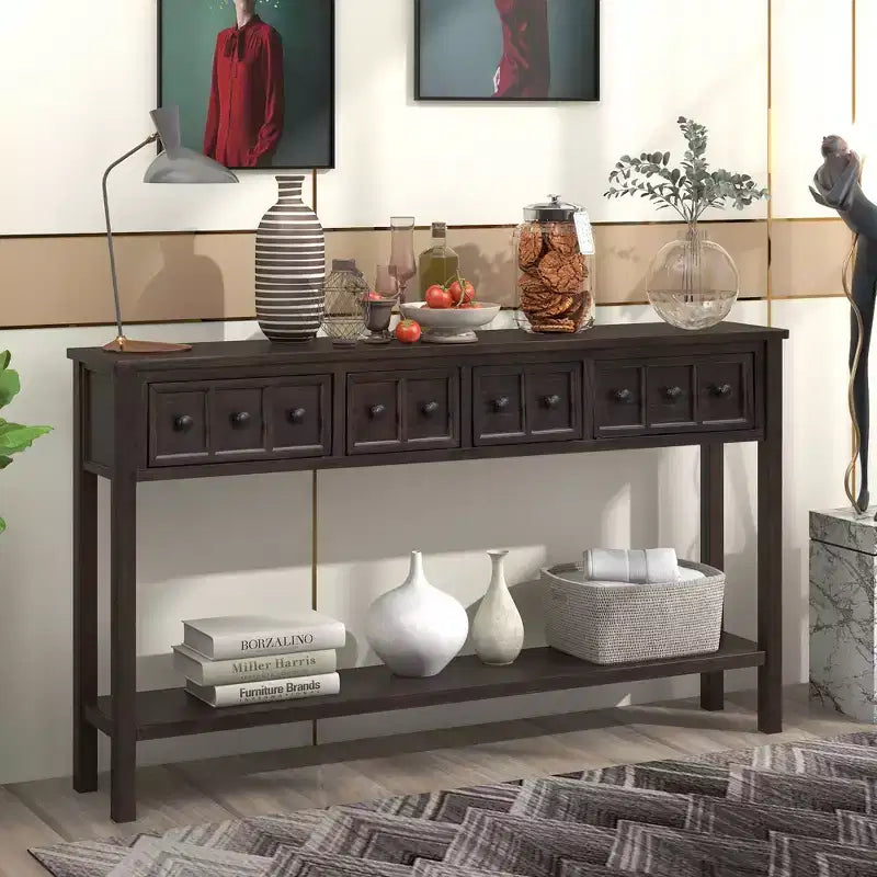 60" Rustic Console Table with 4 Drawers and Bottom Shelf, White