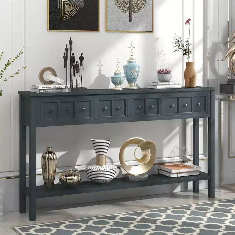 60" Rustic Console Table with 4 Drawers and Bottom Shelf, White